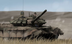 Rule 34 | 1girl, 2021, antenna, artist name, blue eyes, blue hair, camoflauge, dead-robot, grass, hat, hill, military hat, military vehicle, motor vehicle, numbers, original, outdoors, russian, russian ground forces, short hair, t-72b3, tank, tank gun, tank top, tank treads, tank turret, vehicle