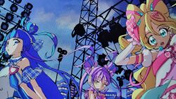 Rule 34 | 3girls, ahoge, aokaze nana, aqua eyes, arched bangs, arm warmers, blonde hair, blue dress, blue hair, bow, bow-shaped hair, bowtie, cure idol, cure kyunkyun, cure wink, detached collar, detached sleeves, double bun, dress, floating hair, hair bow, hair bun, headset, highres, kagekaku, kimi to idol precure, long hair, looking at viewer, magical girl, multicolored hair, multiple girls, parted lips, pink hair, precure, puffy short sleeves, puffy sleeves, purple eyes, purple hair, sakura uta (precure), shigure kokoro, short sleeves, single arm warmer, single hair bun, strapless, strapless dress, transmission tower, twintails, two-tone hair, upper body, utility pole, wrist cuffs, yellow eyes