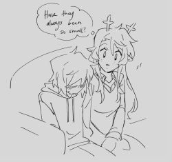 1girl 1other animal_ears antlers blush commentary couch deer_antlers deer_ears deer_girl deltarune english_commentary furry furry_female goomyloid hands_on_lap hood hoodie horns kris_(deltarune) long_hair long_sleeves looking_at_another noelle_holiday on_couch short_hair sitting sketch speech_bubble thought_bubble