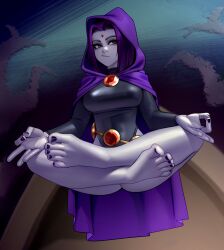 1girl absurdres ass barefoot black_leotard black_nails cloak closed_mouth commentary commission crossed_legs dc_comics english_commentary feet gem highres kairunoburogu leotard long_sleeves looking_at_viewer meditation midair outdoors purple_cloak purple_eyes raven_(dc) sleeved_leotard solo teen_titans toes