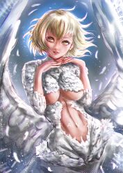 1girl absurdres blonde_hair breasts chimera dungeon_meshi falin_touden falin_touden_(chimera) feathered_wings feathers hair_around_ear highres looking_at_viewer monster_girl navel slit_pupils van_franzen white_feathers wings yellow_eyes