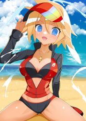 Rule 34 | 1girl, absurdres, beach, blonde hair, blue eyes, breasts, cleavage, cloud, cloudy sky, disgaea, disgaea rpg, highres, jacket, jacket over swimsuit, looking at viewer, nijino piyori, octpus, rainbow, seiza, shoes, short hair, sitting, sky, sweat, swimsuit, tan, visor cap, whistle