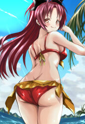 1girl ass bikini blue_sky cloud day from_behind highres long_hair mahou_shoujo_madoka_magica mahou_shoujo_madoka_magica_(anime) ocean palm_tree red_bikini sakura_kyoko shore sky solo swimsuit tree ura47869454 water