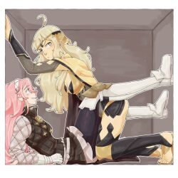 2girls ahoge blonde_hair blush boots border box closed_mouth commentary english_commentary fire_emblem fire_emblem_fates gambeson gloves hairband highres in_box in_container light_frown long_sleeves looking_at_another multiple_girls nintendo occultoctoling ophelia_(fire_emblem) outline pink_hair smile soleil_(fire_emblem) white_boots white_border white_outline yuri