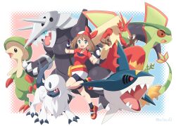 1girl :d absol aggron bandana bike_shorts black_shorts black_socks blaziken blue_eyes breasts breloom brown_hair collared_shirt commentary_request creatures_(company) dress_shirt fang flygon game_freak gen_3_pokemon gloves grey_eyes hands_up highres holding holding_poke_ball kusumoto_shizuru long_hair looking_at_viewer may_(pokemon) nintendo open_mouth poke_ball poke_ball_(basic) pokemon pokemon_(creature) pokemon_rse red_eyes red_footwear red_shirt shark sharp_teeth sharpedo shirt shoes short_sleeves shorts shorts_under_skirt skirt small_breasts smile socks teeth twitter_username upper_teeth_only white_gloves white_skirt