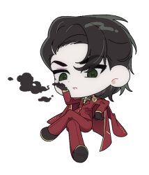 05inwonderland black_gloves black_hair chibi chibi_only cigar commentary_request crossed_legs elbow_rest full_body gloves gold_trim green_eyes hair_slicked_back holding holding_cigar invisible_chair jacket jacket_on_shoulders korean_commentary limbus_company looking_at_viewer meursault_(project_moon) open_mouth project_moon red_jacket simple_background sitting smoke swept_bangs thumb_(identity)_(project_moon) white_background