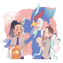 2girls :d black_hair blush braid breast_pocket brown_hair closed_eyes collared_shirt commentary_request drying eyelashes freckles green_hair grey_shirt grin highres hime_(himetya105) holding juliana_(pokemon) logo multicolored_hair multiple_girls necktie nemona_(pokemon) nintendo open_mouth pawmot pink_background pocket pokemon pokemon_sv purple_necktie quaquaval school_uniform shirt short_sleeves smile sparkle teeth towel two-tone_hair upper_teeth_only