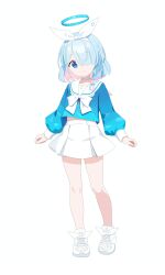 1girl absurdres arona_(blue_archive) blue_archive blue_eyes blue_hair blue_halo blue_pupils blue_shirt bow_hairband braid choker colored_inner_hair commentary full_body hair_over_one_eye hairband halo highres knight1208 long_sleeves looking_at_viewer multicolored_hair neckerchief sailor_collar school_uniform shirt shoes short_hair single_braid skirt smile solo white_background white_choker white_hairband white_neckerchief white_sailor_collar white_shoes white_skirt