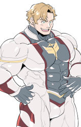 Rule 34 | 1boy, alternate muscle size, aqua eyes, bara, blonde hair, bodysuit, commentary request, covered abs, covered pectorals, facial hair, impossible bodysuit, impossible clothes, large pectorals, lewis smith, male focus, mecha pilot suit, muscular, muscular male, pectorals, sekijaku, short hair, sideburns stubble, simple background, solo, stubble, variant set, white background, yuuki bakuhatsu bang bravern