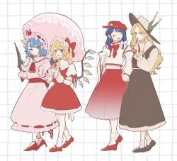4girls :d :o ascot bat_wings black_hat black_shoes black_skirt black_vest blonde_hair blue_hair bow closed_mouth collared_shirt commentary cowboy_shot cup detached_sleeves disposable_cup dolls_in_pseudo_paradise donut drinking drinking_straw flandre_scarlet food frilled_shirt_collar frills full_body grid_background hair_bow hat hat_bow hat_ornament hat_ribbon high_heels highres holding holding_cup holding_donut holding_food holding_hands holding_umbrella interlocked_fingers jacket_girl_(dipp) label_girl_(dipp) laspberry. long_hair long_sleeves mary_janes medium_hair midriff mob_cap multiple_girls neck_ribbon open_mouth parted_bangs pink_hat pink_shirt pink_skirt puffy_short_sleeves puffy_sleeves red_ascot red_bow red_eyes red_hat red_nails red_ribbon red_shoes red_skirt red_vest remilia_scarlet ribbon shirt shoes short_sleeves siblings simple_background sisters skirt sleeveless sleeveless_shirt smile star_(symbol) star_hat_ornament steamed_bun symbol-only_commentary touhou umbrella very_long_hair vest walking white_background white_bow white_hat white_shirt white_sleeves white_vest wings wrist_cuffs yellow_ascot