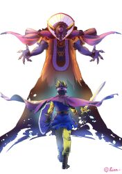 Rule 34 | 2boys, asymmetrical dual wielding, blue skin, blue tunic, boots, brown boots, brown gloves, brown hair, cape, circlet, colored skin, commentary request, dragon quest, dragon quest iii, dual wielding, erdrick&#039;s sword, fake horns, fingernails, floating cape, floating clothes, floating hair, from behind, gem, gloves, glowing, glowing eyes, height difference, helmet, hero (dq3), highres, holding, holding shield, holding sword, holding weapon, horned helmet, horns, imminent fight, jewelry, long fingernails, looking at another, male focus, monster, multiple boys, necklace, open mouth, orange robe, pants, purple cape, red cape, red eyes, red gemstone, robe, roto (dq3), sharp fingernails, sharp teeth, shey93735903, shield, short hair, silver circlet, skull necklace, spiked hair, sword, teeth, third eye, torn clothes, triclops, tunic, weapon, white background, yellow horns, yellow pants, yellow sleeves, zoma