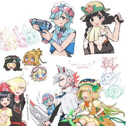2girls 3boys alternate_costume aria_pkmn arrow_(symbol) black_hair blonde_hair blush closed_mouth elio_(pokemon) gen_7_pokemon gladion_(pokemon) hair_over_one_eye hand_up hat hau_(pokemon) hood hooded_vest hoodie lillie_(pokemon) litten long_hair multiple_boys multiple_girls nintendo pokemon pokemon_sm pokemon_usum popplio rowlet selene_(pokemon) shirt short_hair sweatdrop twintails vest water_gun white_background