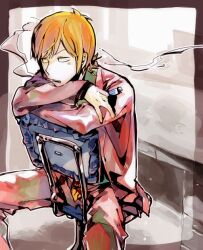 Rule 34 | 1boy, blowing smoke, chair, crossed arms, gokuaku ganbo, holding, holding lighter, jacket, kaoru kanzaki, kitaya, lighter, looking ahead, male focus, necktie, orange hair, pants, print necktie, red jacket, red pants, sitting, sitting backwards, smoking, solo, yellow necktie