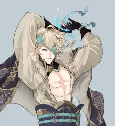 1boy abs ahoge aladdin_(sinoalice) bad_id bad_pixiv_id belt black_gloves blonde_hair bracelet cape chest_harness choker collared_jacket eyepatch gloves grey_background grin harness highres jacket jewelry looking_at_viewer male_focus parted_lips pectorals rei_qa see-through_clothes see-through_jacket short_hair sinoalice smile