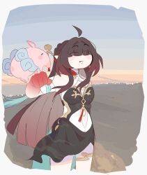 1girl ahoge animal_on_arm bare_shoulders black_dress blush brown_hair cowboy_shot dress eyes_visible_through_hair hair_intakes hair_over_eyes highres honkai:_star_rail honkai_(series) lingsha_(honkai:_star_rail) navel pointy_ears standing tuskpir_(honkai:_star_rail) unfamousradish
