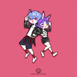 1boy 1girl :d ;o absurdres alternate_costume alternate_hairstyle animal_ear_fluff animal_ears back-to-back black_jacket braid cinful clothes_around_waist crop_top hair_ornament heart_on_cheek highres indie_virtual_youtuber jacket jewelry locked_arms maddie_(vtuber) midriff necklace octavio one_eye_closed open_mouth orange_eyes purple_eyes purple_hair rabbit_ears rabbit_girl rabbit_tail red_background red_socks shirt shirt_around_waist short_shorts shorts smile socks t-shirt tail white_shirt white_sneakers