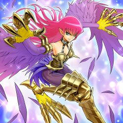 Rule 34 | 1girl, armband, armor, bare shoulders, bikini armor, breasts, claw (weapon), claws, cleavage, cleavage cutout, clothing cutout, collarbone, collared halterneck, cropped, duel monster, feathered wings, feathers, flying, gradient hair, green eyes, halterneck, harpie lady, harpy, large breasts, long eyebrows, long hair, looking at viewer, monster girl, multicolored hair, needle, nhociory, pink hair, purple feathers, smirk, solo, sparkle, spikes, tail, weapon, wings, yu-gi-oh!