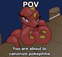 Rule 34 | 1girl, 2024 pokemon teraleak, come hither, commentary, english commentary, english text, eyelashes, gen 2 pokemon, highres, implied bestiality, looking at viewer, meme, naughty face, nintendo, octillery, octopus, pokemon, pokemon (creature), pokemon dppt (prototype), presialexander, twitter username