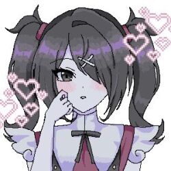 1girl ame-chan_(needy_girl_overdose) arm_up black_eyes black_hair hair_ornament hair_over_one_eye hand_on_own_face heart looking_at_viewer lowres neck_ribbon needy_girl_overdose pixel_art portrait red_shirt reno_(re_leno) ribbon shirt short_twintails solo suspenders twintails white_background winged_sleeves x_hair_ornament