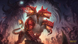 Rule 34 | absurdres, cerberus (crimson keeper) (smite), cerberus (smite), claws, copyright name, ghost, glowing, glowing eyes, highres, logo, long tongue, monster, official art, open mouth, sharp teeth, smite, snake head tail, solo focus, tail, teeth, tongue, tongue out, yellow eyes