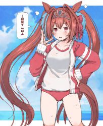 1girl afterimage blue_sky blush breasts brown_hair buruma cloud commentary_request daiwa_scarlet_(umamusume) day fanning_face fanning_self gym_shirt gym_uniform hair_between_eyes hair_intakes hand_on_own_hip highres horizon horse_girl jacket large_breasts long_hair long_sleeves ocean open_clothes open_jacket parted_lips partial_commentary puffy_long_sleeves puffy_sleeves rakugakiraid red_buruma red_eyes red_jacket shirt sky sleeves_past_wrists solo sweat tiara track_jacket translated twintails umamusume v-shaped_eyebrows very_long_hair water white_shirt
