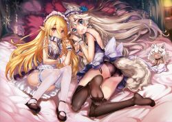 2girls animal_ear_fluff animal_ears ass black_dress black_panties black_shoes blonde_hair blue_eyes blush breasts brown_thighhighs character_doll collar dress elf fang from_behind full_body grey_hair highres lampshade long_hair looking_at_viewer lying maid_headdress metal_collar multiple_girls novel_illustration official_art on_back on_bed on_side open_mouth original panties pointy_ears red_eyes second-party_source shoes skin_fang small_breasts soles tail thighhighs toes underwear very_long_hair white_headdress white_panties white_thighhighs wolf_ears wolf_girl wolf_tail