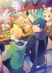 2boys 5girls aqua_hair banner blonde_hair blouse blue_coat blush_stickers bottle bow brown_coat chikuwa chopsticks coat commentary daikon everyone food from_above green_coat hair_bow hair_ornament hairclip hatsune_miku holding holding_bottle holding_chopsticks kagamine_len kagamine_rin kaito_(vocaloid) konnyaku_(food) long_hair looking_at_viewer meal megurine_luka meiko_(vocaloid) multiple_boys multiple_girls nail_polish night noodles octopus open_mouth out_of_frame pink_hair plate ponytail purple_scarf radish red_nails rin_no_youchuu sake_bottle sausage scarf shirt short_ponytail sinaooo sitting smile snowflakes solid_oval_eyes spiked_hair swept_bangs takoluka tofu twintails v-shaped_eyebrows very_long_hair vocaloid white_bow white_shirt