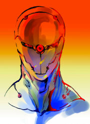 1boy absurdres armor close-up cyborg faceplate facing_viewer gradient_background gray_fox helmet highres male_focus metal_gear_(series) metal_gear_solid ninja official_art portrait power_suit shinkawa_youji solo