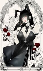 1girl absurdres animal_ears arm_piercing artist_name black_gloves black_hair black_leotard black_pantyhose blunt_bangs breasts bug butterfly card chin_piercing cleavage collarbone_piercing detached_collar ear_piercing earrings eyelashes eyeshadow flower glasses gloves green_eyes highres holding holding_card insect jewelry large_breasts leaf leotard lip_piercing long_hair looking_at_viewer makeup mole mole_under_eye multiple_rings original pale_skin pantyhose parted_lips piercing pink_eyeshadow pink_lips playboy_bunny rabbit_ears red_flower red_rose ring rose round_eyewear satsuki_kei solo thighs white_flower