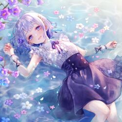Rule 34 | 1girl, :d, armpits, black corset, black skirt, blue eyes, blue hair, blush, buttons, center-flap bangs, center frills, collared shirt, commentary, commission, corset, cross-laced clothes, double-parted bangs, falling petals, feet out of frame, flower, frilled shirt, frilled shirt collar, frilled wrist cuffs, frills, ginniroya, hair flower, hair ornament, hand up, highres, indie virtual youtuber, layered skirt, leaf hair ornament, looking at viewer, lying, medium skirt, mole, mole under eye, neck ribbon, on back, open mouth, partially submerged, petals, pink flower, purple flower, purple ribbon, ribbon, shirt, short hair, sidelocks, skeb commission, skirt, sleeveless, sleeveless shirt, smile, solo, sunlight, tsurigane fuuri, twitter username, virtual youtuber, water, white flower, white shirt, wrist cuffs