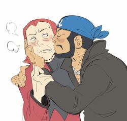 2boys archie_(pokemon) bandana black_eyes black_hair blue_bandana closed_eyes coat commentary facial_hair hand_on_another&#039;s_head hand_on_another&#039;s_shoulder highres jewelry kiss long_sleeves looking_at_another lynn_(daisiloou) male_focus maxie_(pokemon) multiple_boys necklace nintendo parted_lips pokemon pokemon_rse popped_collar red_coat red_hair shirt short_hair simple_background sweatdrop team_aqua upper_body white_background yaoi