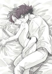 Rule 34 | 1boy, 1girl, artist name, bed sheet, blush, borokouhek, breasts, closed eyes, clothed male nude female, commentary request, couple, grabbing another&#039;s breast, greyscale, groping, hand on another&#039;s thigh, heavy breathing, hetero, highres, kuroba kaito, lying, magic kaito, monochrome, nakamori aoko, nipples, nude, on side, open mouth, sex, sex from behind, sheet grab, short hair, short sleeves, side part, sketch, small breasts, sweat, tearing up