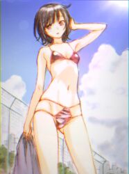 1girl arm_up bikini black_hair boku_wa_tomodachi_ga_sukunai breasts character_request check_character check_copyright cloud commentary_request copyright_request day gluteal_fold groin highres holding lens_flare looking_at_viewer mikazuki_yozora multi-strapped_bikini_bottom navel parted_lips purple_bikini purple_eyes short_hair sky small_breasts solo standing string_bikini swimsuit watanabe_yoshihiro