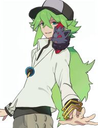 Rule 34 | 1boy, baseball cap, black hat, bracelet, brown pants, gen 5 pokemon, green eyes, green hair, grin, hat, jewelry, long hair, male focus, n (pokemon), nintendo, pants, parted lips, pokemon, pokemon (creature), pokemon bw, ponytail, simple background, smile, teeth, white background, zero (sleepy meltan), zorua