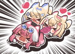 Rule 34 | &gt; &lt;, :d, = hair ornament, all fours, animal ears, bandaid, bandaid hair ornament, biting, biting another&#039;s tail, black hat, blonde hair, blush, blush stickers, chasing, chibi, chibi only, claw mark, crying, d:, dog ears, dog tail, dx, emphasis lines, fake horns, fangs, full-face blush, fuwawa abyssgard, goggles, goggles on head, hair ornament, hat, heart, highres, hololive, hololive english, horns, huusri, mococo abyssgard, multicolored hair, open mouth, panther ears, panther girl, panther tail, pink hair, raora panthera, screaming, signature, simple background, smile, streaked hair, tail, tongue, virtual youtuber, x hair ornament, xd