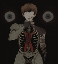 1boy 1girl absurdres amputee armless_amputee armor arms_up bandages belt black_background black_belt black_gloves black_shirt blood blood_on_armor blood_on_clothes blood_on_face bloody_bandages blue_eyes bone bowl_cut brown_hair clothed_female_nude_male colored_skin completely_nude convenient_censoring couter crossed_belts d&#039;arce_(fear_&amp;_hunger) exposed_bone faceless faceless_female faulds fear_&amp;_hunger_(series) fear_&amp;_hunger_1 fingerless_gloves gloves gorget hair_censor hair_over_crotch hand_up hanging head_down highres knight le&#039;garde_(fear_&amp;_hunger) long_hair looking_at_viewer loose_bandages missing_limb multiple_belts no_eyebrows nude open_mouth orange_hair pauldrons plate_armor red_skin rerebrace ribs shirt short_hair shoulder_armor signature simple_background single_fingerless_glove single_glove single_vambrace spine standing teeth thighs torn_bandages torn_clothes torn_shirt upper_body vambraces very_short_hair warrior
