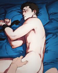 Rule 34 | 2boys, ass, black eyes, commentary, completely nude, corrupted twitter file, hand on another&#039;s hip, highres, higuruma hiromi, jujutsu kaisen, looking at viewer, lying, male focus, multiple boys, nude, on side, open mouth, pillow, short hair, smokerichi, solo focus