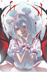 Rule 34 | 1girl, absurdres, bat wings, blood, blood on face, crossed arms, crossed bangs, dress, fingernails, frilled cuffs, frilled sleeves, frills, grin, hair between eyes, hands up, hat, highres, k4ja0002, looking at viewer, medium hair, mob cap, nail polish, parted lips, puffy short sleeves, puffy sleeves, purple hair, red eyes, red nails, red sash, remilia scarlet, sailor collar, sash, sharp fingernails, short sleeves, smile, solo, touhou, white dress, white hat, white sailor collar, wings, wrist cuffs