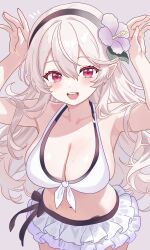 1girl armpits arms_up bare_arms bare_shoulders bikini bikini_skirt black_hairband blush breasts cleavage corrin_(female)_(fire_emblem) corrin_(female)_(novice_vacationer)_(fire_emblem) fire_emblem fire_emblem_fates fire_emblem_heroes flower front-tie_bikini_top front-tie_top grey_hair hair_between_eyes hair_flower hair_ornament hairband highres large_breasts long_hair looking_at_viewer n_54 navel nintendo official_alternate_costume open_mouth pointy_ears rabbit_pose red_eyes sideboob skindentation smile solo stomach swimsuit wet white_bikini