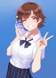 absurdres alternate_costume blue_background blue_bow blue_skirt bottle bow bowtie breasts brown_eyes brown_hair commentary grin highres holding holding_bottle honda_mio idolmaster idolmaster_cinderella_girls looking_at_viewer medium_breasts mitsuya_(mitsuya) one_eye_closed open_collar pleated_skirt school_uniform shirt short_hair short_sleeves skirt smile solo sports_drink v white_shirt