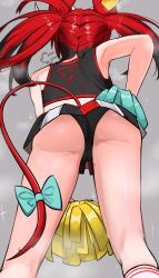 1girl absurdres animal_ears armpits ass back black_hair cheerleader from_behind grey_background hakos_baelz highres hololive hololive_english miniskirt mouse_ears mouse_girl mouse_tail multicolored_hair nobarts pom_pom_(cheerleading) red_hair simple_background skirt sleeveless solo steaming_body streaked_hair sweat tail twintails virtual_youtuber