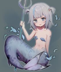 1girl blue_eyes blue_hair blue_nails blunt_bangs breasts fins fish_tail gawr_gura grey_hair hair_ornament highres holding_polearm hololive hololive_english looking_at_viewer medium_hair mermaid monster_girl monsterification multicolored_hair nail_polish navel polearm shark_hair_ornament sidelocks small_breasts smile streaked_hair szuukie tail tongue tongue_out trident two_side_up virtual_youtuber weapon