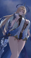 1girl absurdres black_collar black_dress blonde_hair blue_eyes breast_curtains breasts closed_mouth collar commentary cowboy_shot crown_of_thorns dress earrings fleurdelys_(wuthering_waves) floating_earrings highres holding holding_sword holding_weapon horns huge_breasts jewelry juna_(user_zhur2554) long_hair long_horns looking_at_viewer pointy_ears single_horn solo sword thighs very_long_hair weapon wuthering_waves yellow_horns