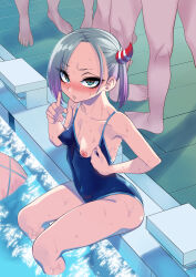 2girls 4boys aqua_hair blush breasts exhibitionism finger_to_mouth gradient_hair green_eyes gujira highres horns looking_at_viewer multicolored_hair multiple_boys multiple_girls nipples one-piece_swimsuit one_breast_out original pool public_indecency purple_hair school_swimsuit short_hair shushing side_ponytail single_horn sitting small_breasts soaking_feet solo_focus swimsuit water wet