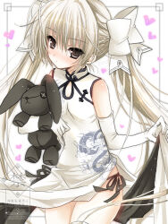 1girl akatsuki_(ggsy7885) alternate_costume black_panties blonde_hair blush bow braid breasts brown_eyes china_dress chinese_clothes closed_mouth commentary_request cowboy_shot dragon_print dress elbow_gloves eyes_visible_through_hair gloves hair_between_eyes hair_bow half_up_braid hand_up heart highres holding holding_stuffed_toy huge_bow kasugano_sora long_hair looking_at_viewer nose_blush panties pelvic_curtain print_dress side-tie_panties simple_background skirt_hold sleeveless sleeveless_dress small_breasts solo straight_hair stuffed_animal stuffed_rabbit stuffed_toy twintails twitter_username underwear very_long_hair watermark white_background white_bow white_dress white_gloves yosuga_no_sora