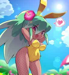 1girl animal_ears armpits arms_up beachhime blue_sky breasts bright_pupils cameltoe covered_navel fake_animal_ears flower from_below green_hair hair_flower hair_ornament heart hibiscus high_ponytail large_breasts lens_flare leotard long_hair looking_at_viewer multicolored_hair nollety open_mouth outdoors palm_tree playboy_bunny ponytail rabbit_ears sky solo spoken_heart sun tree two-tone_hair white_pupils wide_hips yellow_leotard youkai_(youkai_watch) youkai_watch youkai_watch:_punipuni