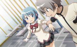 1boy 1girl artist_request black_skirt black_sleeve_cuffs blue_eyes blue_hair blush bow bowtie breast_pocket classroom collared_shirt cowboy_shot crutch dark-skinned_male dark_skin day desk dutch_angle gakuran game_cg grabbing_another&#039;s_arm grey_eyes grey_hair hair_between_eyes hair_ornament hairclip happy high_collar highres indoors jacket juliet_sleeves kamijou_kyousuke lace lace-trimmed_shirt lace-trimmed_sleeves lace_trim light_particles long_sleeves looking_at_viewer mahou_shoujo_madoka_magica mahou_shoujo_madoka_magica_magia_exedra miki_sayaka miniskirt mitakihara_school_uniform nervous official_art open_mouth pants plaid_clothes plaid_skirt pleated_skirt pocket pointy_nose puffy_sleeves red_bow red_bowtie school_desk school_uniform shirt short_hair skirt smile swept_bangs tareme wavy_mouth white_jacket white_pants white_sleeve_cuffs window yellow_shirt