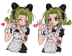 Rule 34 | 1girl, alternate costume, apron, black dress, black hair, blush, braid, broken heart, broken heart hands, bun with braided base, butterfly tattoo, cone hair bun, double bun, dress, enmaided, flying sweatdrops, four-finger heart hands, frilled apron, frills, fu r y, green eyes, green hair, green lips, hair bun, heart, heart hands, jojo no kimyou na bouken, kuujou jolyne, maid, maid apron, multicolored hair, puffy sleeves, simple background, smile, stone ocean, sweatdrop, tattoo, two-tone hair, white apron, white background