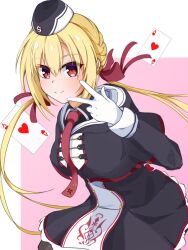 1girl ace_(playing_card) ace_of_hearts arihara_nanami black_capelet black_dress black_hat blonde_hair blush capelet card closed_mouth commentary_request cowboy_shot dress eyes_visible_through_hair floating_card garrison_cap gloves hair_between_eyes hair_ribbon hand_up hat heart highres long_hair long_sleeves looking_at_viewer low_twintails necktie pink_background playing_card red_eyes red_necktie red_ribbon ribbon riddle_joker simple_background smile solo sora_umi_ao split_mouth twintails two-tone_background v very_long_hair white_background white_gloves