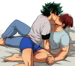 2boys blue_boxer_briefs blue_eyes blue_male_underwear blue_pants boku_no_hero_academia boxer_briefs bulge burn_scar closed_eyes commentary feet freckles french_kiss green_hair kiss looking_at_another male_focus male_underwear midoriya_izuku multicolored_hair multiple_boys pants red_hair scar scar_on_face shirt short_hair simple_background split-color_hair tododeku todoroki_shoto todoroki_shouto two-tone_hair underwear white_background white_hair white_shirt yaoi zazaraza33
